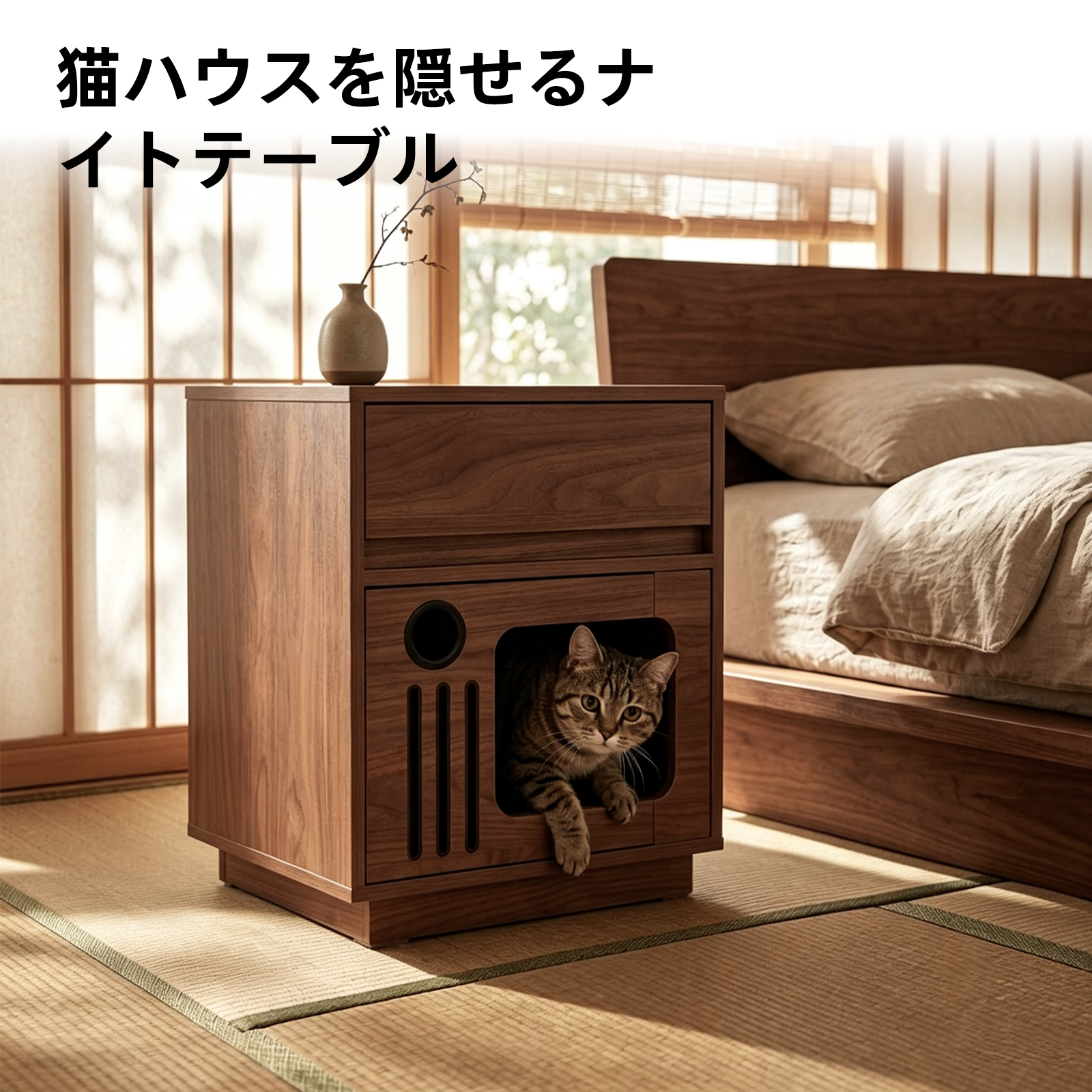 ナイトテーブル ベッドサイドテーブル 引き出し付き 収納 | 防水＆ひっかき傷に強い, 猫ベッド兼用, 耐荷重50kg, コンパクト設計, おしゃれ, 簡単組立, 無臭, ベッド横 リビング 寝室